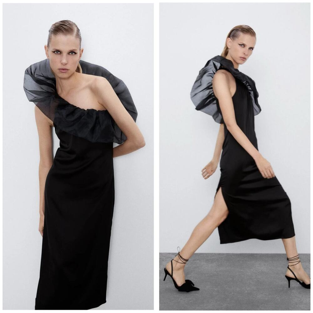 Zara Black Satin Midi Dress Organza Ruffle Puff Sleeve Medium 8779/462 NWT - Picture 8 of 13